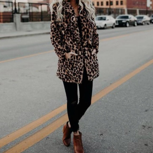 Leopard Print Pocket Coat Faux Fur Jacket - Picture 5 of 13